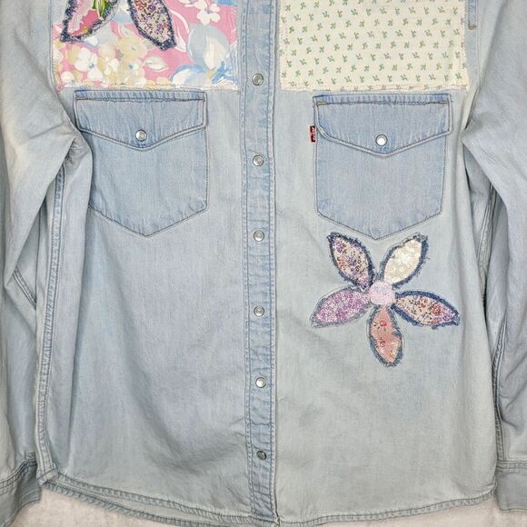 Rialto Jean Project X Free People Effie Denim Floral Patchwork Button Down Shirt - Picture 5 of 15